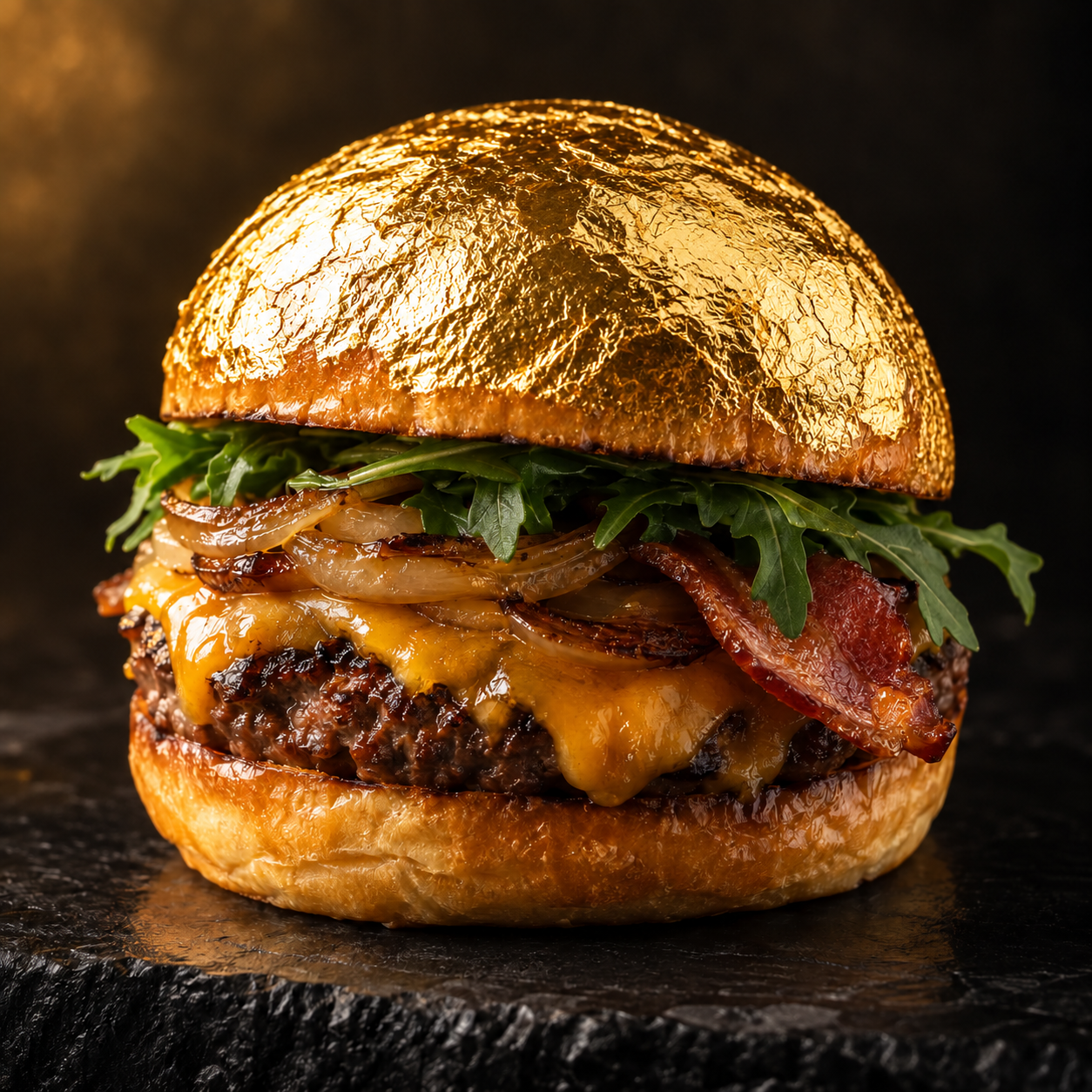 Hambúrguer Dubai no pão brioche, com folha de ouro